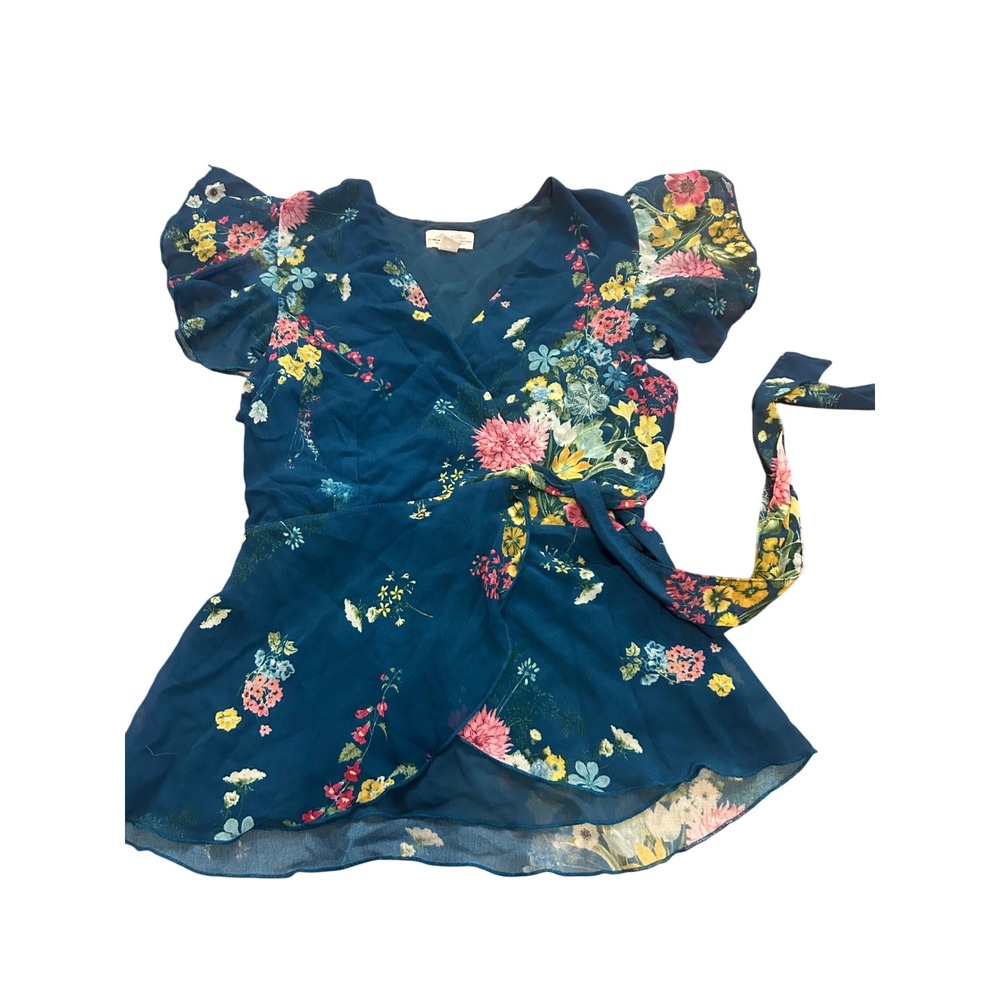 Sweet Pea Floral Wrap Blouse Top XS Short Sleeve Teal Multicolor